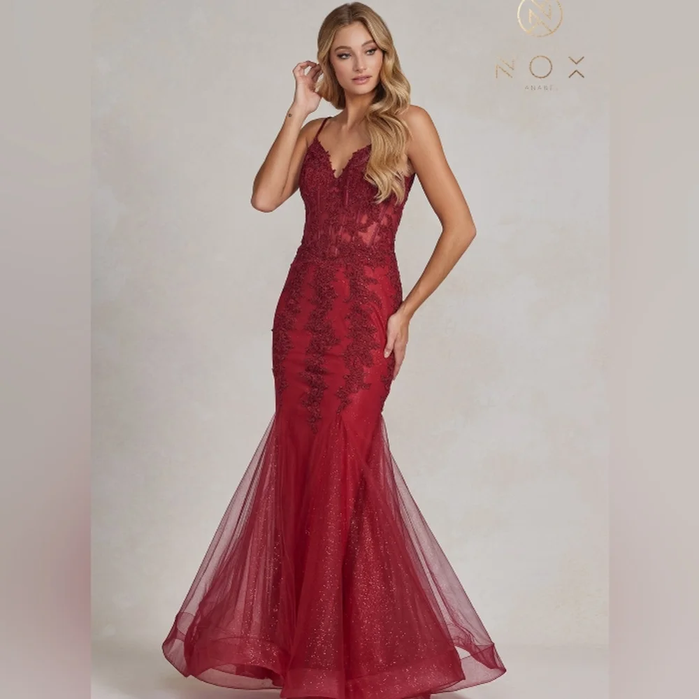 Green,red,blue mermaid long beaded open back gown